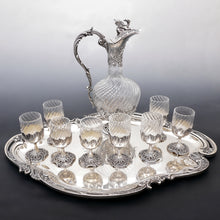 Load image into Gallery viewer, Antique French Sterling Silver Cut Crystal Liquor Service, Dragon Figural Decanter, Goblets & Tray
