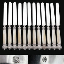 Load image into Gallery viewer, 12 Antique French Sterling Silver Knives, Carved Mother of Pearl Handles, Boxed Knife Set