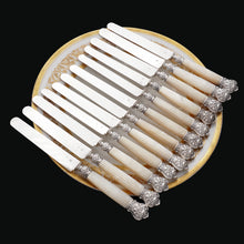 Load image into Gallery viewer, 12 Antique French Sterling Silver Knives, Carved Mother of Pearl Handles, Boxed Knife Set