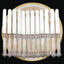 Load image into Gallery viewer, 12 Antique French Sterling Silver Knives, Carved Mother of Pearl Handles, Boxed Knife Set
