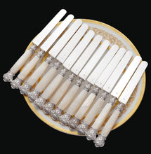 Load image into Gallery viewer, 12 Antique French Sterling Silver Knives, Carved Mother of Pearl Handles, Boxed Knife Set