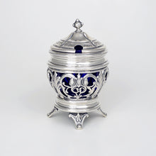 Load image into Gallery viewer, Antique French Sterling Silver Condiment Mustard Pot, Cobalt Blue Glass Liner