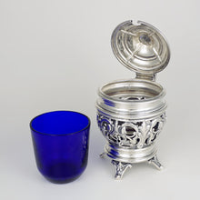 Load image into Gallery viewer, Antique French Sterling Silver Condiment Mustard Pot, Cobalt Blue Glass Liner