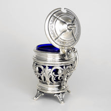 Load image into Gallery viewer, Antique French Sterling Silver Condiment Mustard Pot, Cobalt Blue Glass Liner
