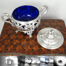Load image into Gallery viewer, Antique French Sterling Silver Sugar Bowl, Cobalt Blue Glass, Ornate Reticulated