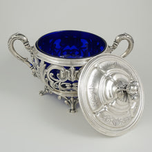 Load image into Gallery viewer, Antique French Sterling Silver Sugar Bowl, Cobalt Blue Glass, Ornate Reticulated