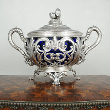 Load image into Gallery viewer, Antique French Sterling Silver Sugar Bowl, Cobalt Blue Glass, Ornate Reticulated