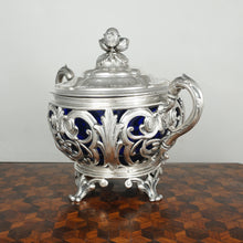 Load image into Gallery viewer, Antique French Sterling Silver Sugar Bowl, Cobalt Blue Glass, Ornate Reticulated