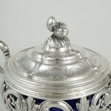Load image into Gallery viewer, Antique French Sterling Silver Sugar Bowl, Cobalt Blue Glass, Ornate Reticulated