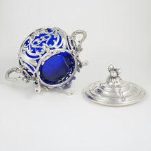 Load image into Gallery viewer, Antique French Sterling Silver Sugar Bowl, Cobalt Blue Glass, Ornate Reticulated