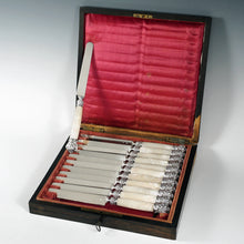 Load image into Gallery viewer, 12 Antique French Sterling Silver Knives, Carved Mother of Pearl Handles, Boxed Knife Set