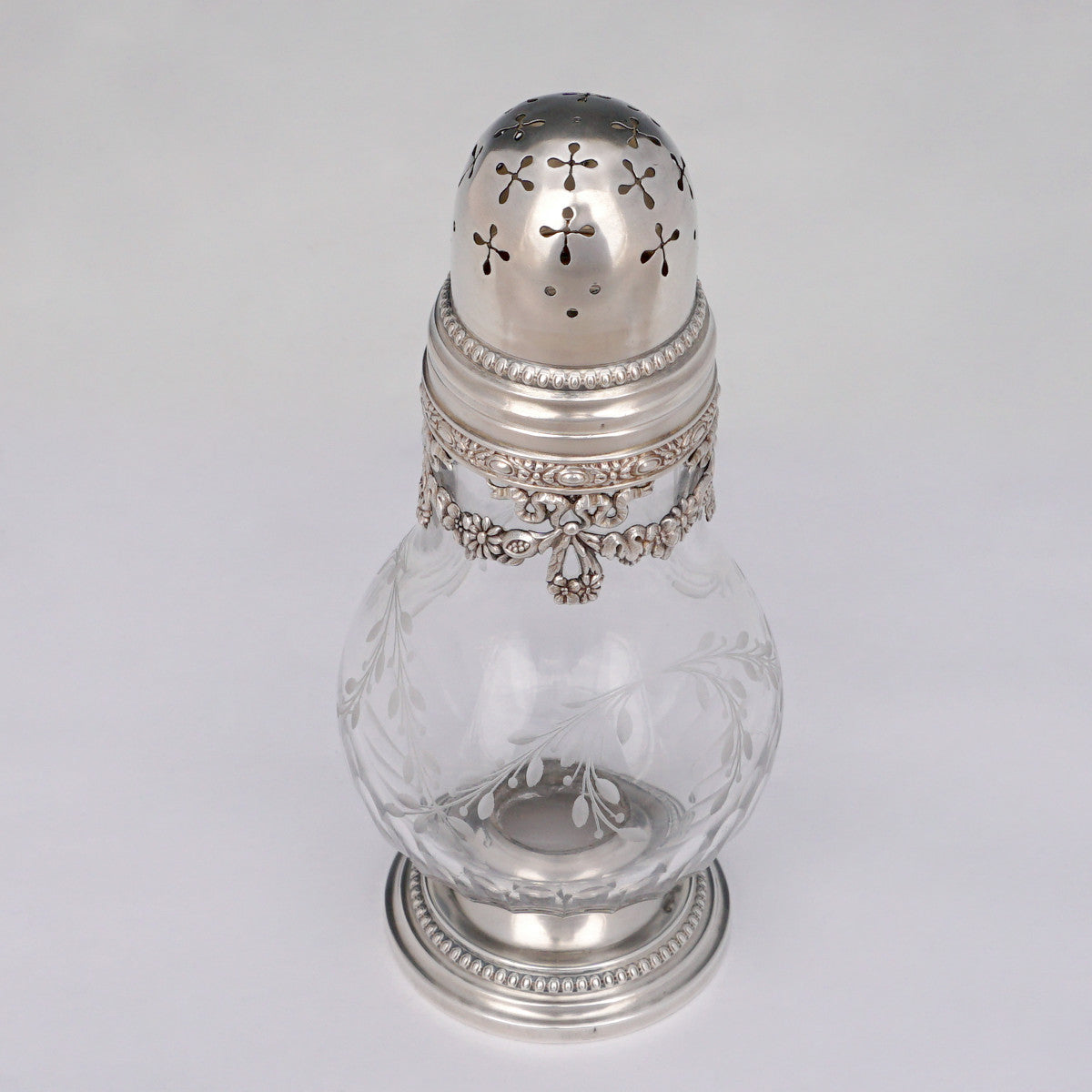 Antique French Sterling Silver Crystal Sugar Shaker, Caster, Muffineer