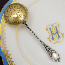 Load image into Gallery viewer, Antique French Sterling Silver Gold Vermeil Sugar Sifter Spoon, Mascaron Satyr Mask, Boxed