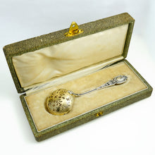 Load image into Gallery viewer, Antique French Sterling Silver Gold Vermeil Sugar Sifter Spoon, Mascaron Satyr Mask, Boxed