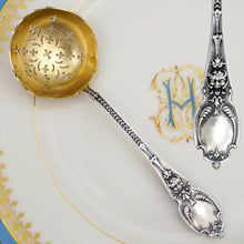 Load image into Gallery viewer, Antique French Sterling Silver Gold Vermeil Sugar Sifter Spoon, Mascaron Satyr Mask, Boxed