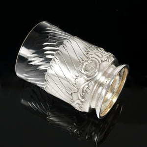Antique French Sterling Silver Spiral Fluted Cut Glass Tumbler Cup, Rocailles