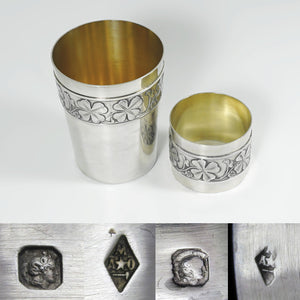 French Sterling Silver Tumbler Cup & Napkin Ring Boxed Set Art Deco Clover Motif