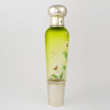 Load image into Gallery viewer, Antique French Sterling Silver Enamel & Green Colored Glass Traveling / Opera Liquor Flask, 'Spirits' Bottle