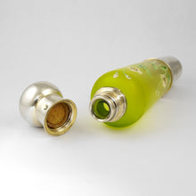 Load image into Gallery viewer, Antique French Sterling Silver Enamel & Green Colored Glass Traveling / Opera Liquor Flask, 'Spirits' Bottle