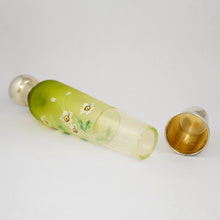 Load image into Gallery viewer, Antique French Sterling Silver Enamel & Green Colored Glass Traveling / Opera Liquor Flask, 'Spirits' Bottle