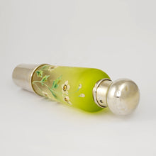 Load image into Gallery viewer, Antique French Sterling Silver Enamel & Green Colored Glass Traveling / Opera Liquor Flask, 'Spirits' Bottle