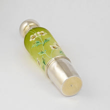 Load image into Gallery viewer, Antique French Sterling Silver Enamel & Green Colored Glass Traveling / Opera Liquor Flask, 'Spirits' Bottle