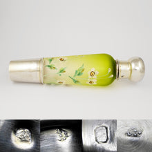 Load image into Gallery viewer, Antique French Sterling Silver Enamel & Green Colored Glass Traveling / Opera Liquor Flask, 'Spirits' Bottle