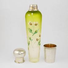 Load image into Gallery viewer, Antique French Sterling Silver Enamel & Green Colored Glass Traveling / Opera Liquor Flask, 'Spirits' Bottle