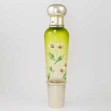 Load image into Gallery viewer, Antique French Sterling Silver Enamel & Green Colored Glass Traveling / Opera Liquor Flask, 'Spirits' Bottle