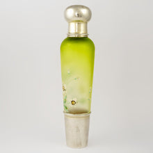 Load image into Gallery viewer, Antique French Sterling Silver Enamel &amp; Green Colored Glass Traveling / Opera Liquor Flask, &#39;Spirits&#39; Bottle
