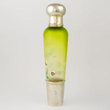 Load image into Gallery viewer, Antique French Sterling Silver Enamel & Green Colored Glass Traveling / Opera Liquor Flask, 'Spirits' Bottle
