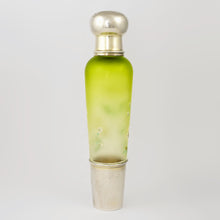 Load image into Gallery viewer, Antique French Sterling Silver Enamel & Green Colored Glass Traveling / Opera Liquor Flask, 'Spirits' Bottle