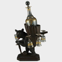 Load image into Gallery viewer, Antique Black Forest Carved Wood Hiking Bear Liquor Tantalus Stand, Wine Decanter & Cordial Glasses Set