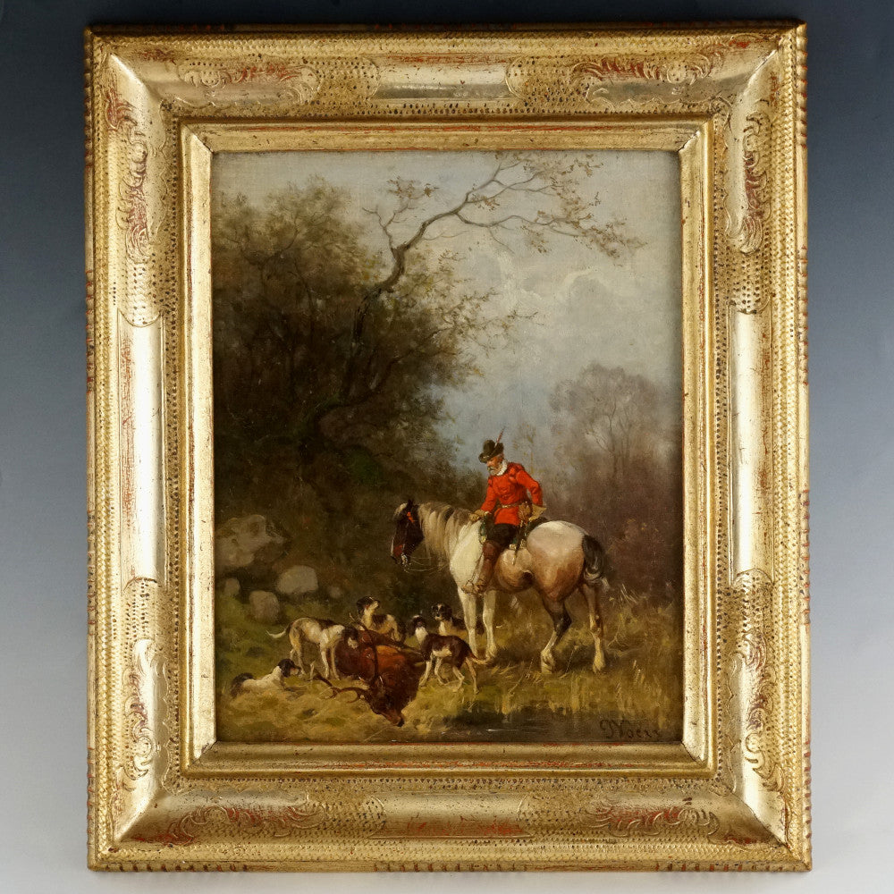 Julius Noerr (1827-1897) 19th Century Hunting Oil Painting Horse, Stag, Hound Dogs