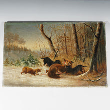 Load image into Gallery viewer, Antique German Dachshund Dogs & Fox in the Snow Hunting Landscape Scene Signed Painting