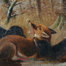 Load image into Gallery viewer, Antique German Dachshund Dogs &amp; Fox in the Snow Hunting Landscape Scene Signed Painting

