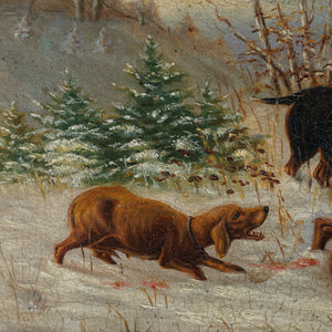 Antique German Dachshund Dogs & Fox in the Snow Hunting Landscape Scene Signed Painting