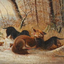 Load image into Gallery viewer, Antique German Dachshund Dogs & Fox in the Snow Hunting Landscape Scene Signed Painting