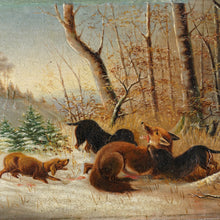 Load image into Gallery viewer, Antique German Dachshund Dogs & Fox in the Snow Hunting Landscape Scene Signed Painting