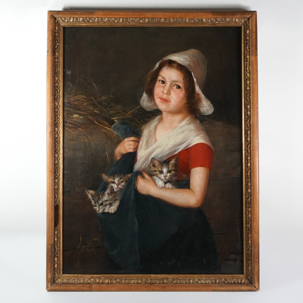 Portrait of a Girl & Kittens, German Oil Painting Signed Karl August Schlegel
