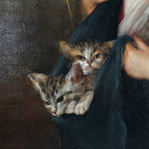 Portrait of a Girl & Kittens, German Oil Painting Signed Karl August Schlegel
