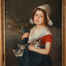 Load image into Gallery viewer, Portrait of a Girl &amp; Kittens, German Oil Painting Signed Karl August Schlegel

