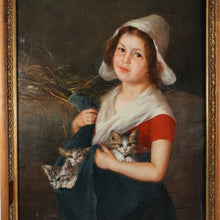 Load image into Gallery viewer, Signed Oil Painting, Portrait of Child & Cats, Karl August Schlegel Germany