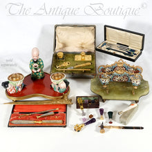 Load image into Gallery viewer, Antique French Chinoiserie Red Lacquer & Porcelain Figures Gilt Bronze Inkwell