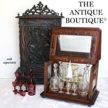 Load image into Gallery viewer, Antique Black Forest Liquor Tantalus Carved Wood Cabinet Box Caddy Victorian Engraved Crystal Decanters & Cordial Glasses