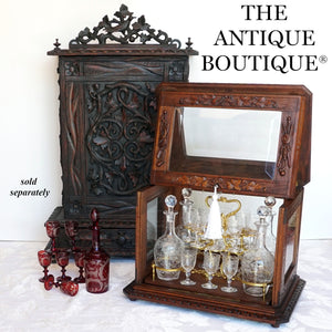 Antique Black Forest Liquor Tantalus Carved Wood Cabinet Box Caddy Victorian Engraved Crystal Decanters & Cordial Glasses
