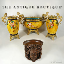 Load image into Gallery viewer, Large Antique Aesthetic French Faience Jardinière Cache Pot, Yellow & Turquoise Glaze, Bronze Dragon Mounts