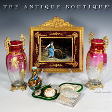 Load image into Gallery viewer, Pair Antique French Gilt Bronze & Cranberry Rubina Glass Vases, Raised Gold Enamel Lions