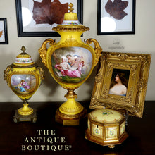 Load image into Gallery viewer, Antique French Sevres Style Porcelain Urn Satyr Bronze Handles, Hand Painted Gilt & Rococo Scene