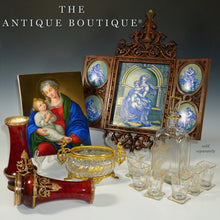 Load image into Gallery viewer, Antique Hand Painted Porcelain Portrait Plaques, Carved Wood Triptych Religious Scenes Alter Piece, Madonna & Child